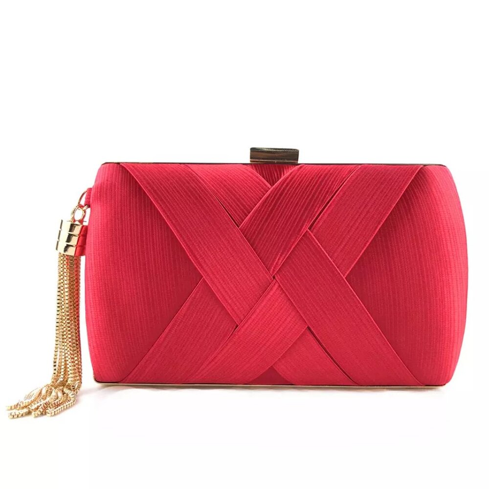 Red Satin Clutch Evening Bag Gold Tassel Chain NWT